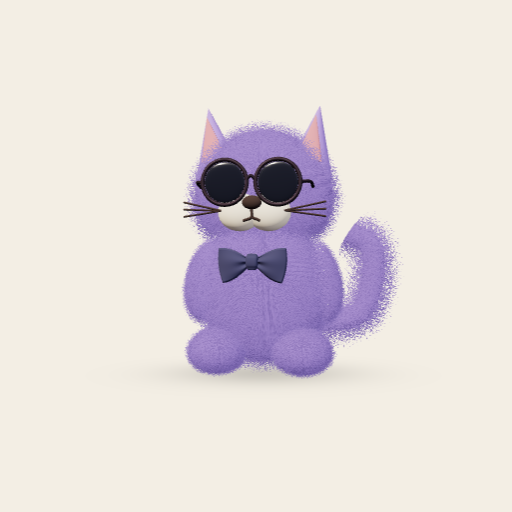 紫色猫咪佩戴墨镜和领结的 Studio 3D 预览